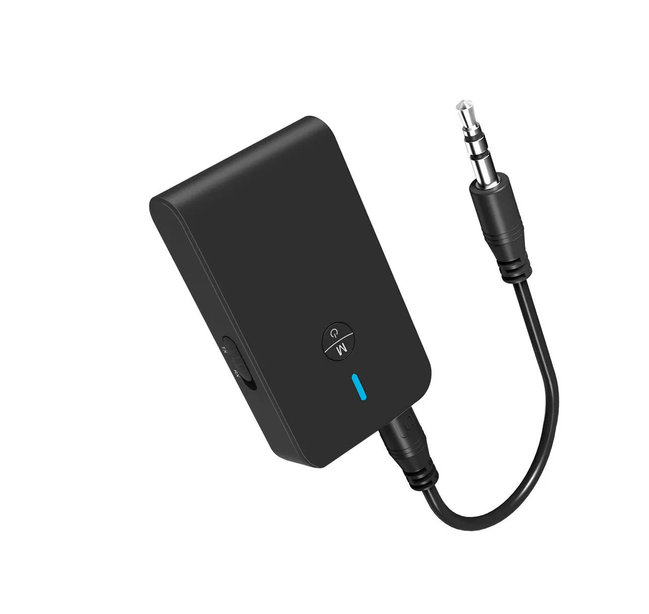 Black Bluetooth 5.0 audio adapter with 3.5mm plug and external power supply