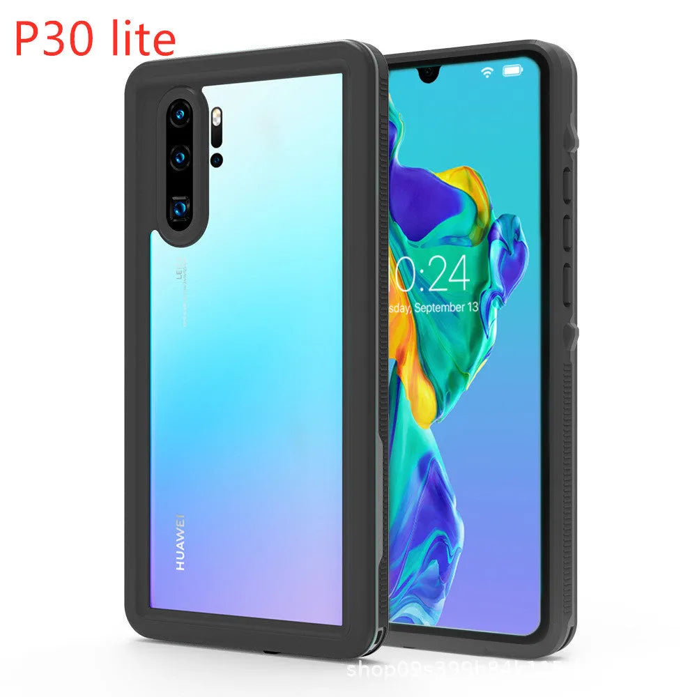 Huawei P30 series anti-drop phone case in black with wave point pattern, showing front and back views