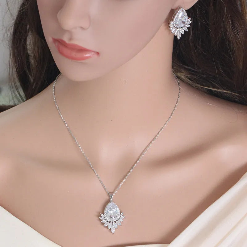 AAA cubic zirconia jewellery set with necklace and earrings in blue, red, or white stones on a nickel-free metal chain.