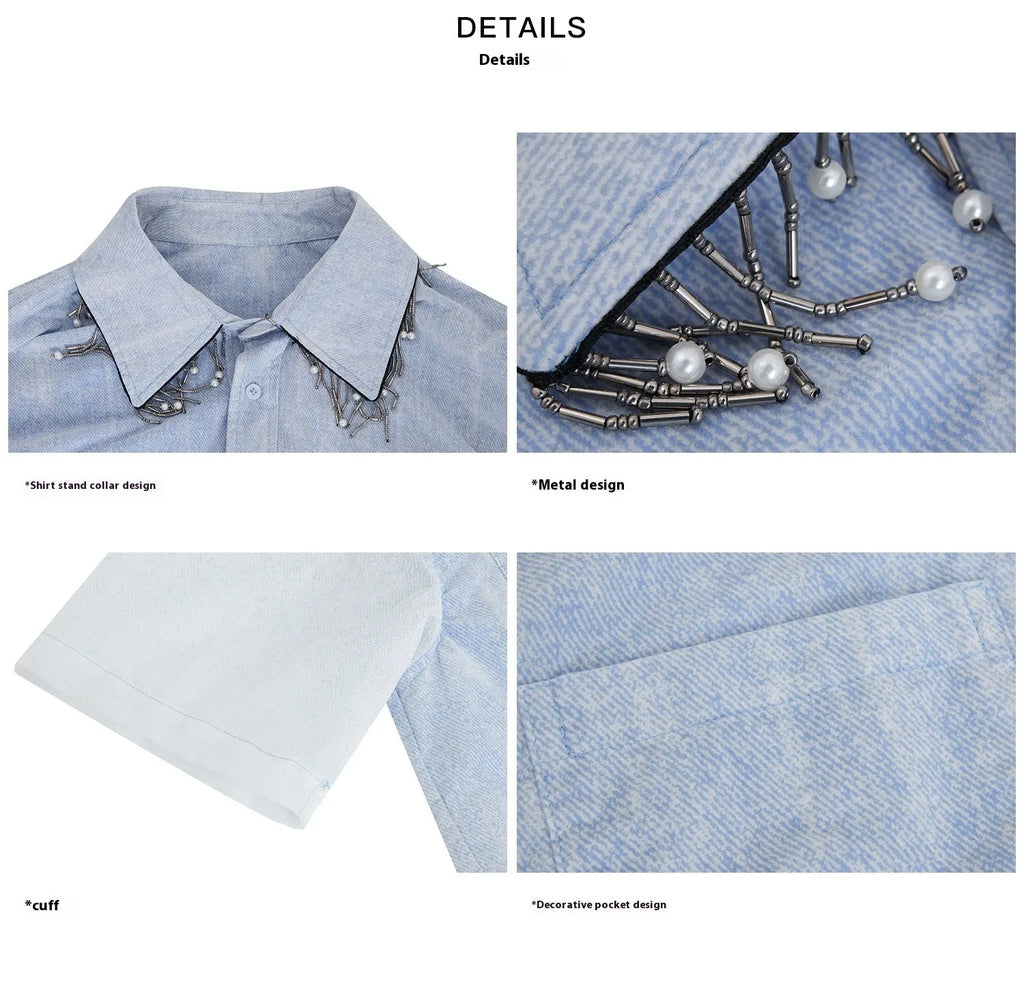 Men's loose fit blue gradient short sleeve shirt with quilted detailing