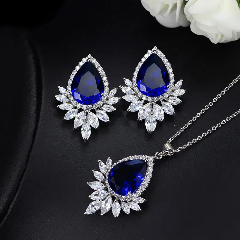 AAA cubic zirconia jewellery set with necklace and earrings in blue, red, or white stones on a nickel-free metal chain.