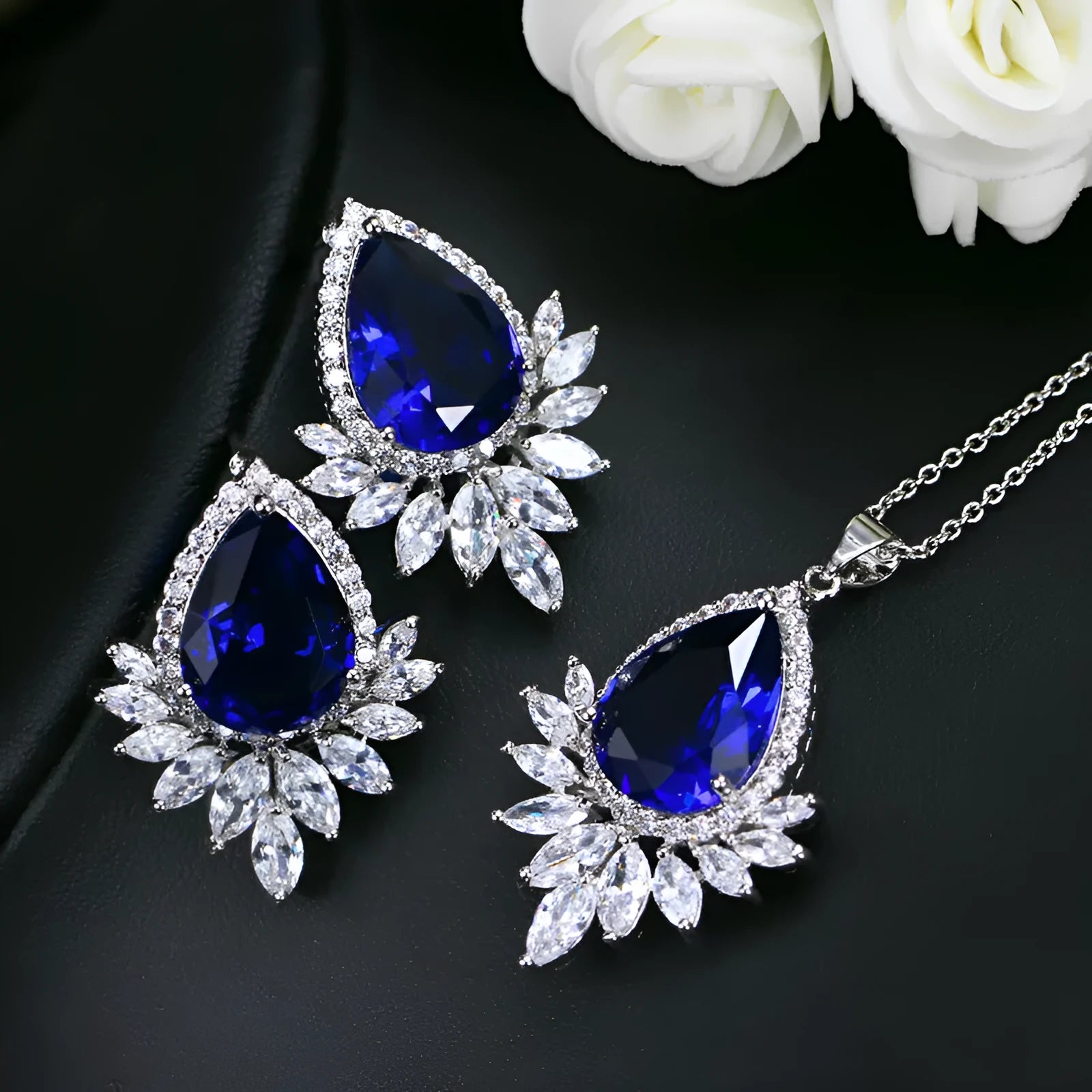 AAA cubic zirconia jewellery set with necklace and earrings in blue, red, or white stones on a nickel-free metal chain.