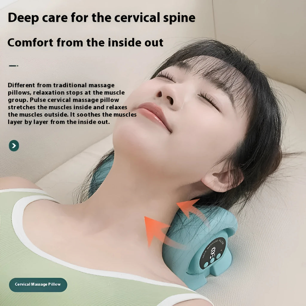 Blue-green portable cervical spine massage pillow showing EMS, heat, and vibration functions