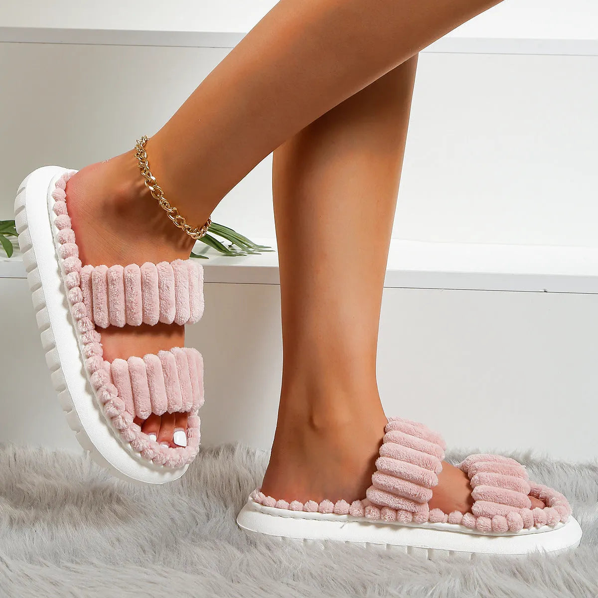 Lamb wool women's cotton slippers with plush upper and hollow out design in black