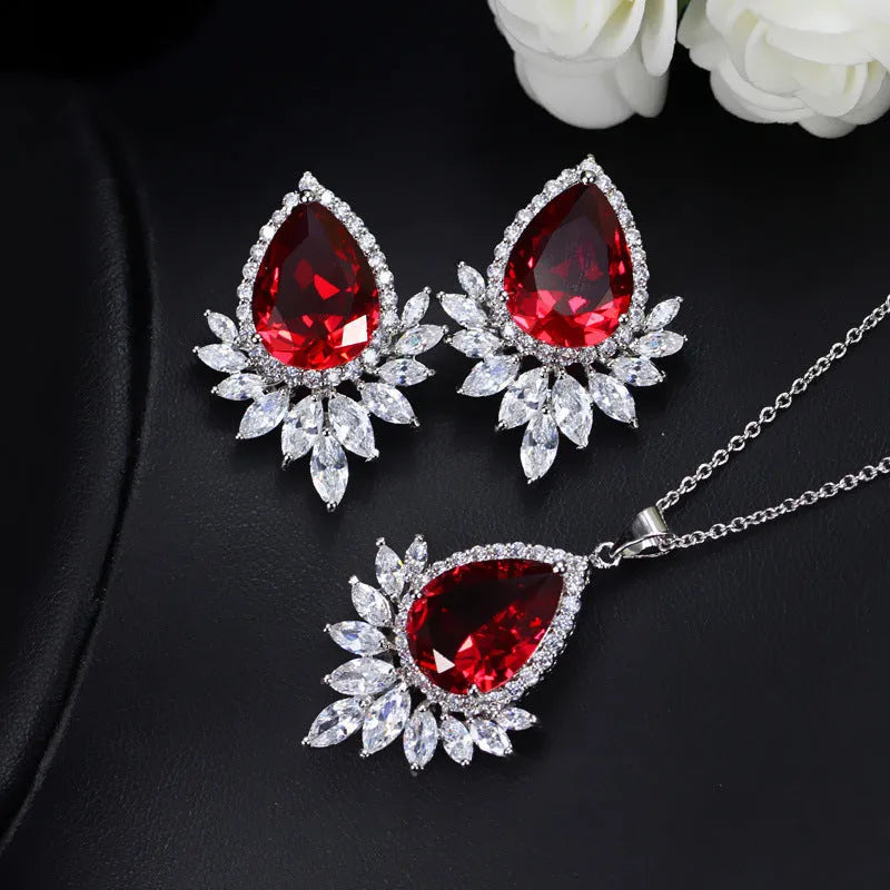 AAA cubic zirconia jewellery set with necklace and earrings in blue, red, or white stones on a nickel-free metal chain.