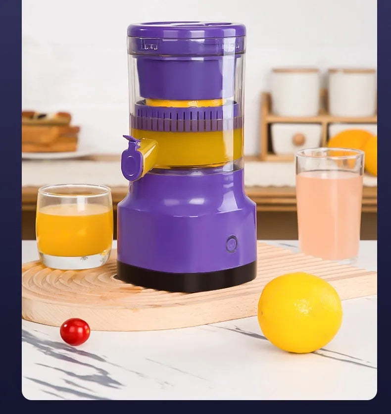 Purple USB rechargeable electric citrus juicer with cone-shaped reamer and 2400mAh battery