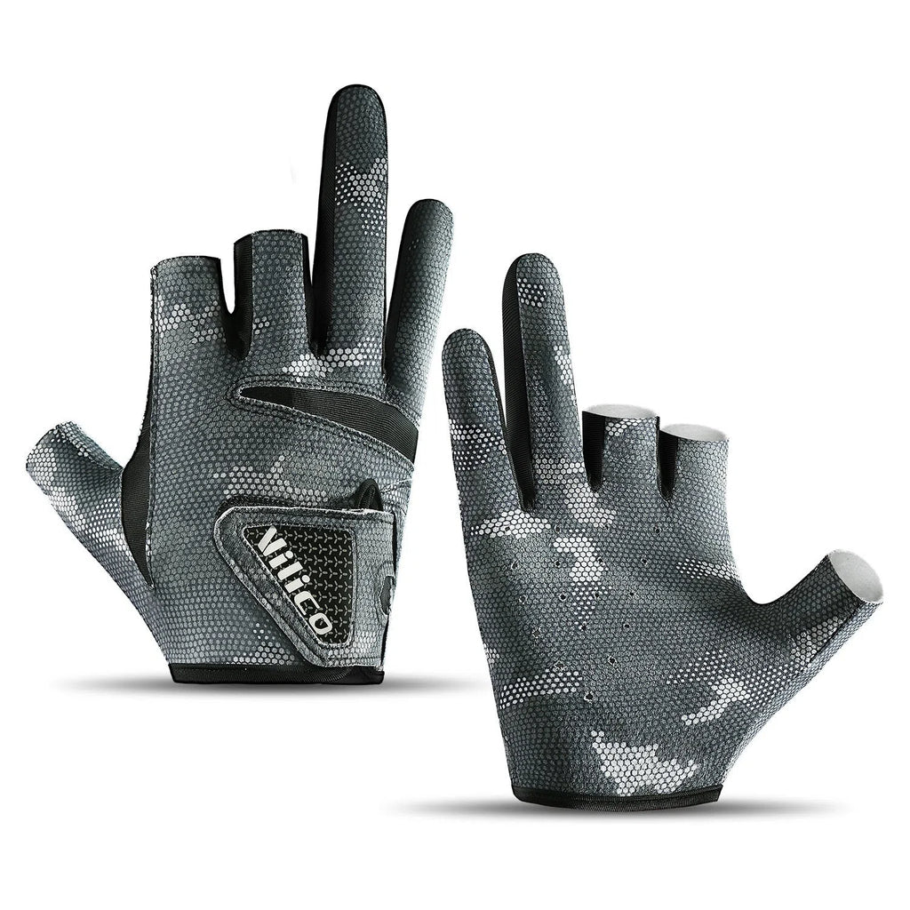 Black exposed three-finger polyester fishing lure gloves on a boat with fishing rod