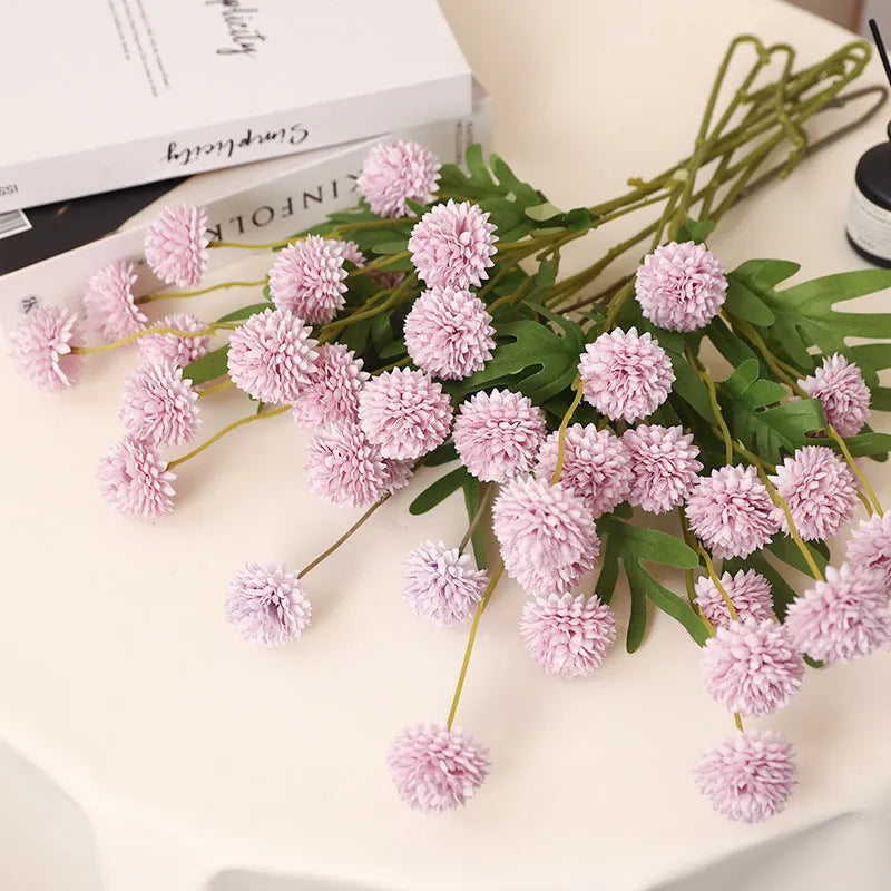 5-head silk dandelion chrysanthemum fake flower ornament in white for wedding decor and photography props
