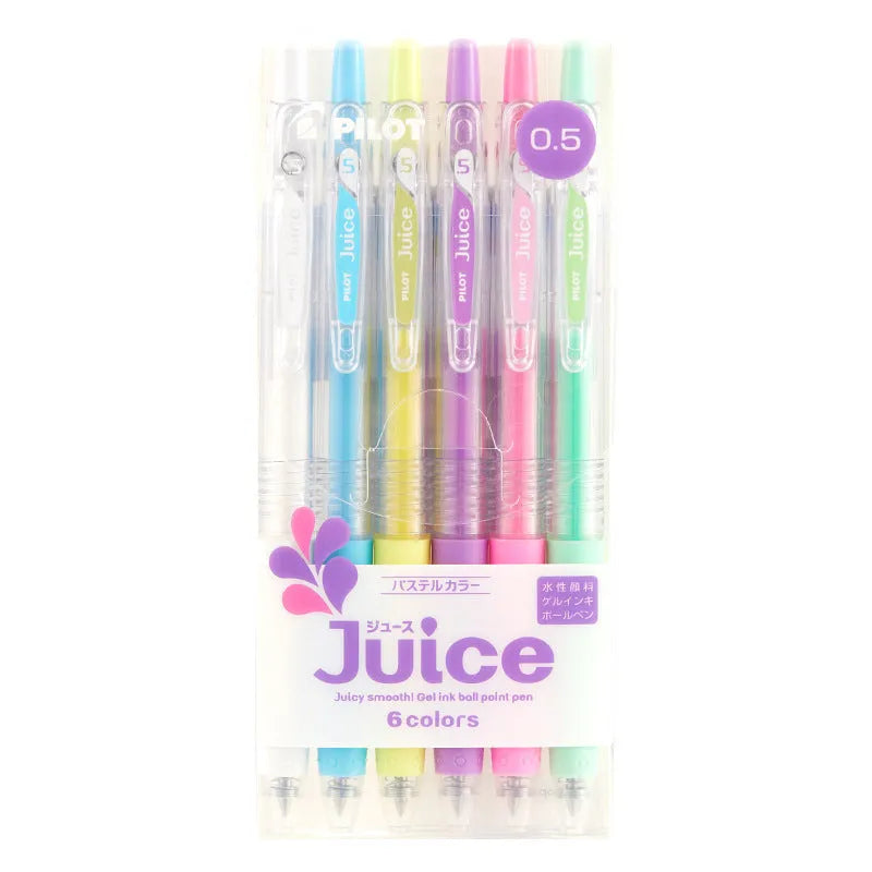 Set of six Direct Juice Baiguole 0.5mm gel pens showing metallic gold, silver, and pastel coloured barrels.