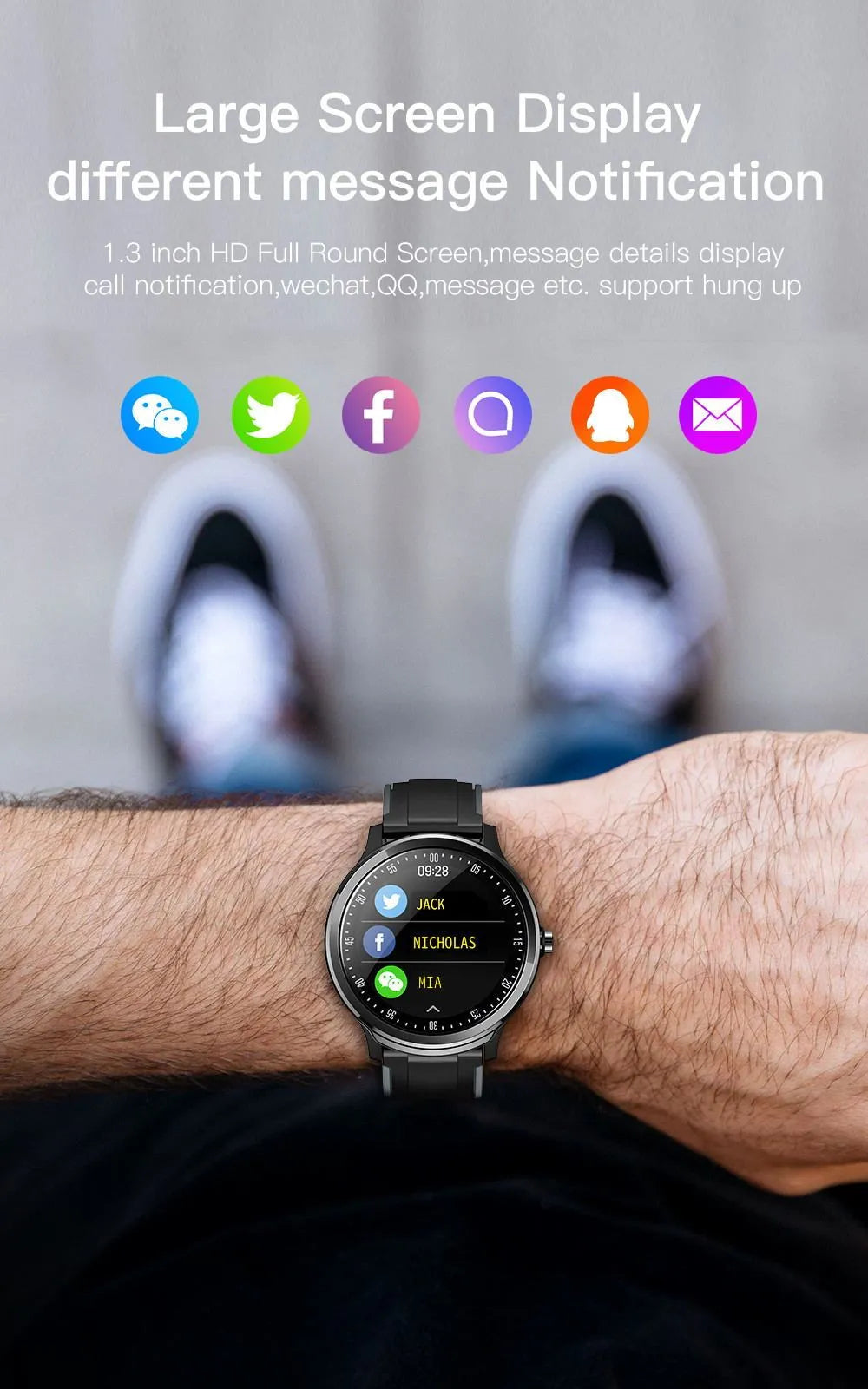 SN80 smart watch with metal body and silicone strap displaying heart rate on 1.3-inch touchscreen