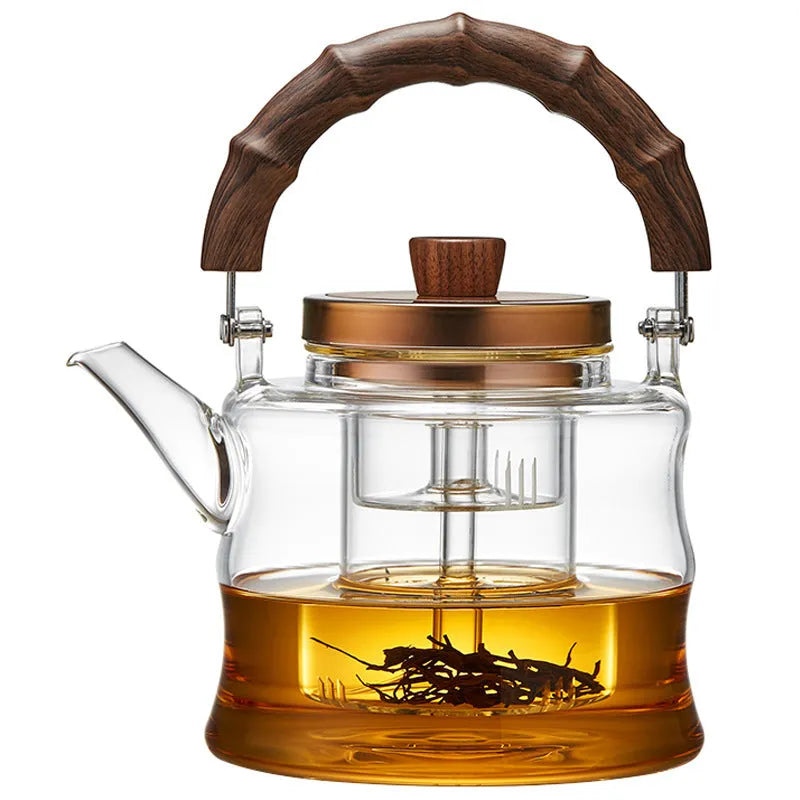 High borosilicate glass stove-top teapot with bamboo handle and golden lid