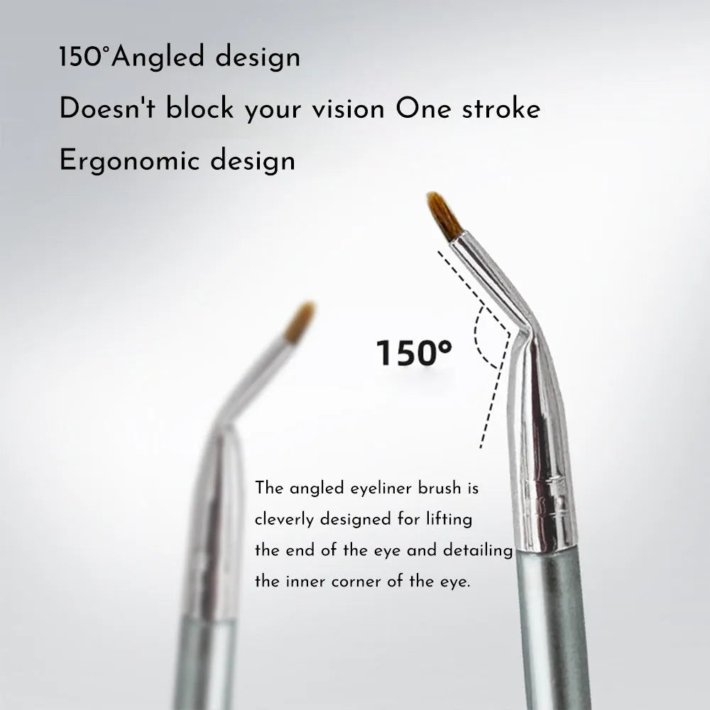 Angled bend head eyeliner brush with fine synthetic bristles for detailed makeup application.