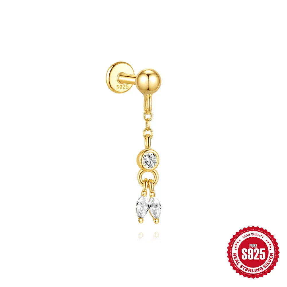 S925 sterling silver water drop earrings with a geometric flat spiral puncture design in a gold tone.