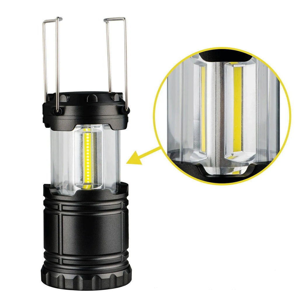 COB camping lamp LED lantern with hook, telescopic body, battery powered, in gold, black or silvery grey