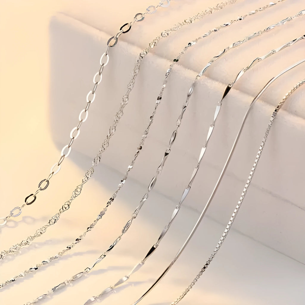 S925 sterling silver necklace with plated finish in one of eight styles on white background