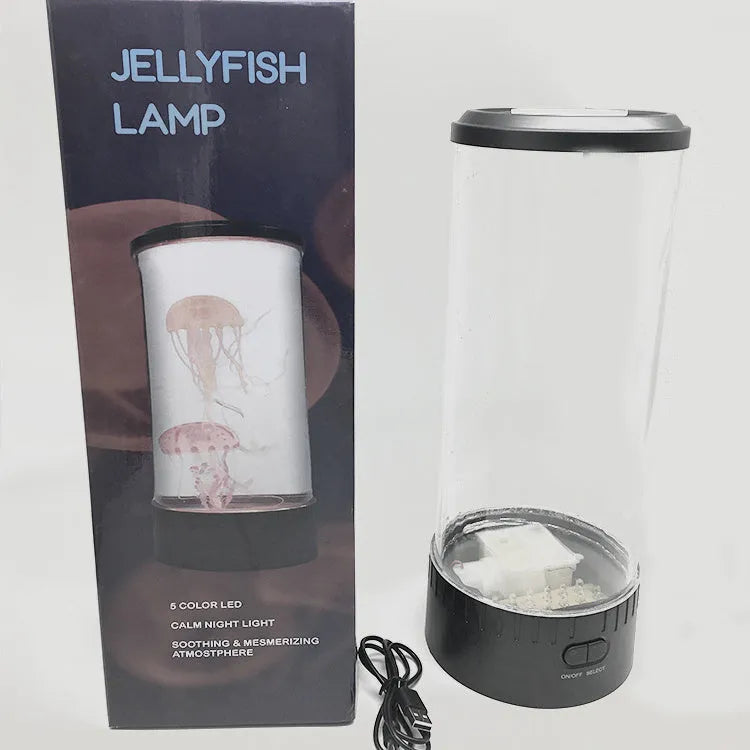 Black jellyfish LED light with acrylic shade on a desk, 35cm tall, USB powered