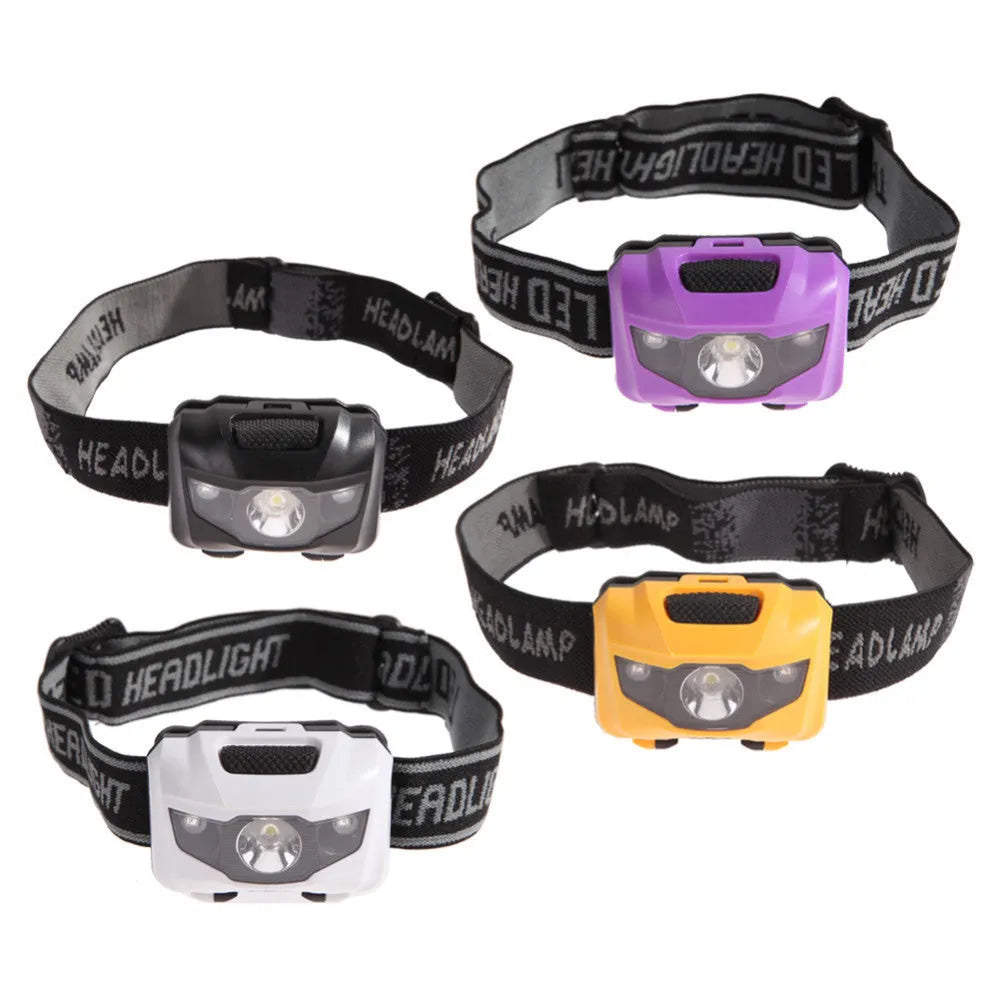 3W waterproof headlamp with white and red LEDs, 70-metre beam, four lighting modes, black finish