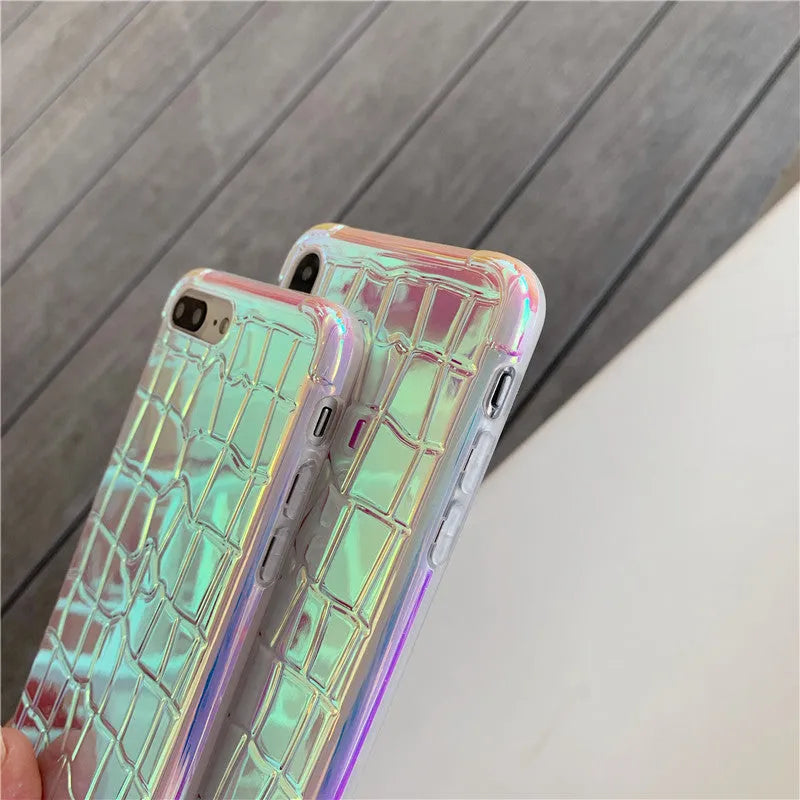 Silver laser finish silicone iPhone case showing glossy texture and protective design