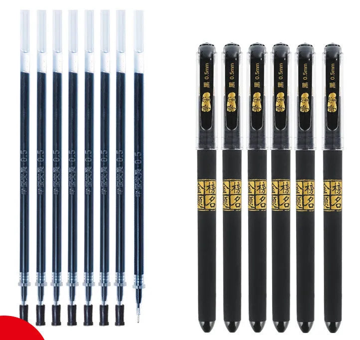 Carbon black gel pen set for students, 8pcs, with black refill, plastic barrel, cap closure, and bullet or needle tip options.