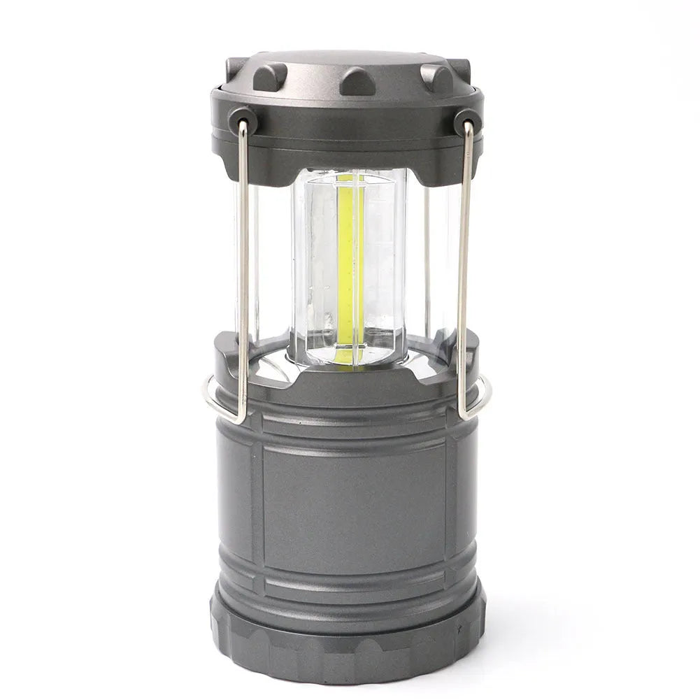 COB camping lamp LED lantern with hook, telescopic body, battery powered, in gold, black or silvery grey