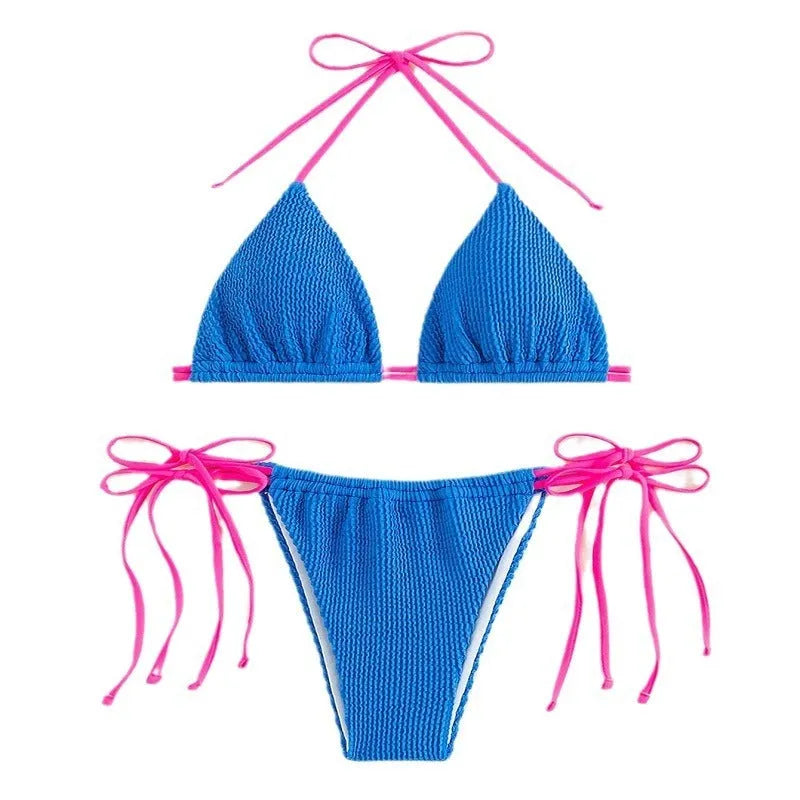 Women's black lace-up bikini swimsuit with adjustable ties and solid colour design