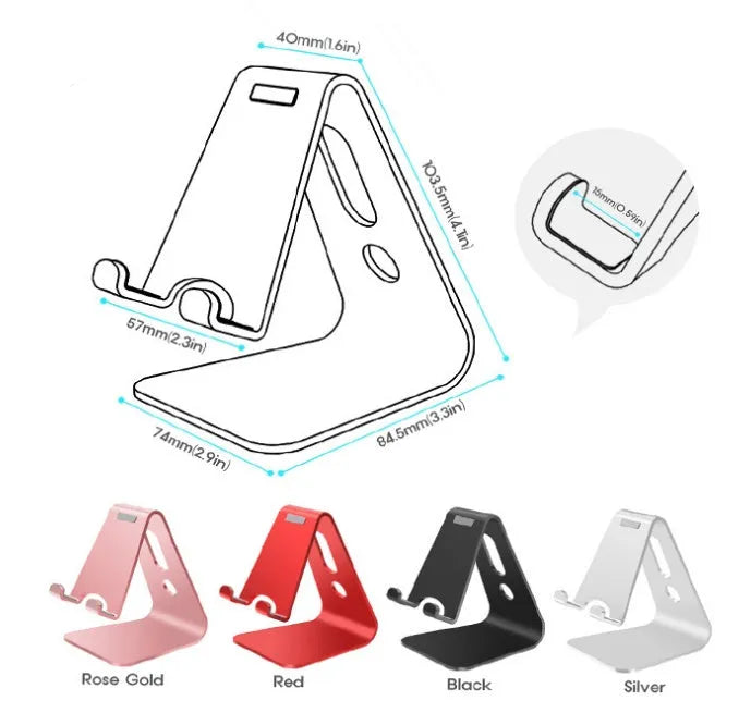 Universal Phone Buddy metal aluminium alloy stand holding a phone on a desk, available in multiple colours