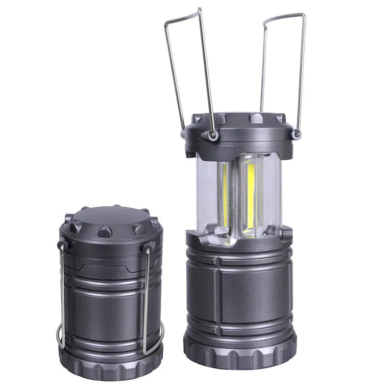 COB camping lamp LED lantern with hook, telescopic body, battery powered, in gold, black or silvery grey