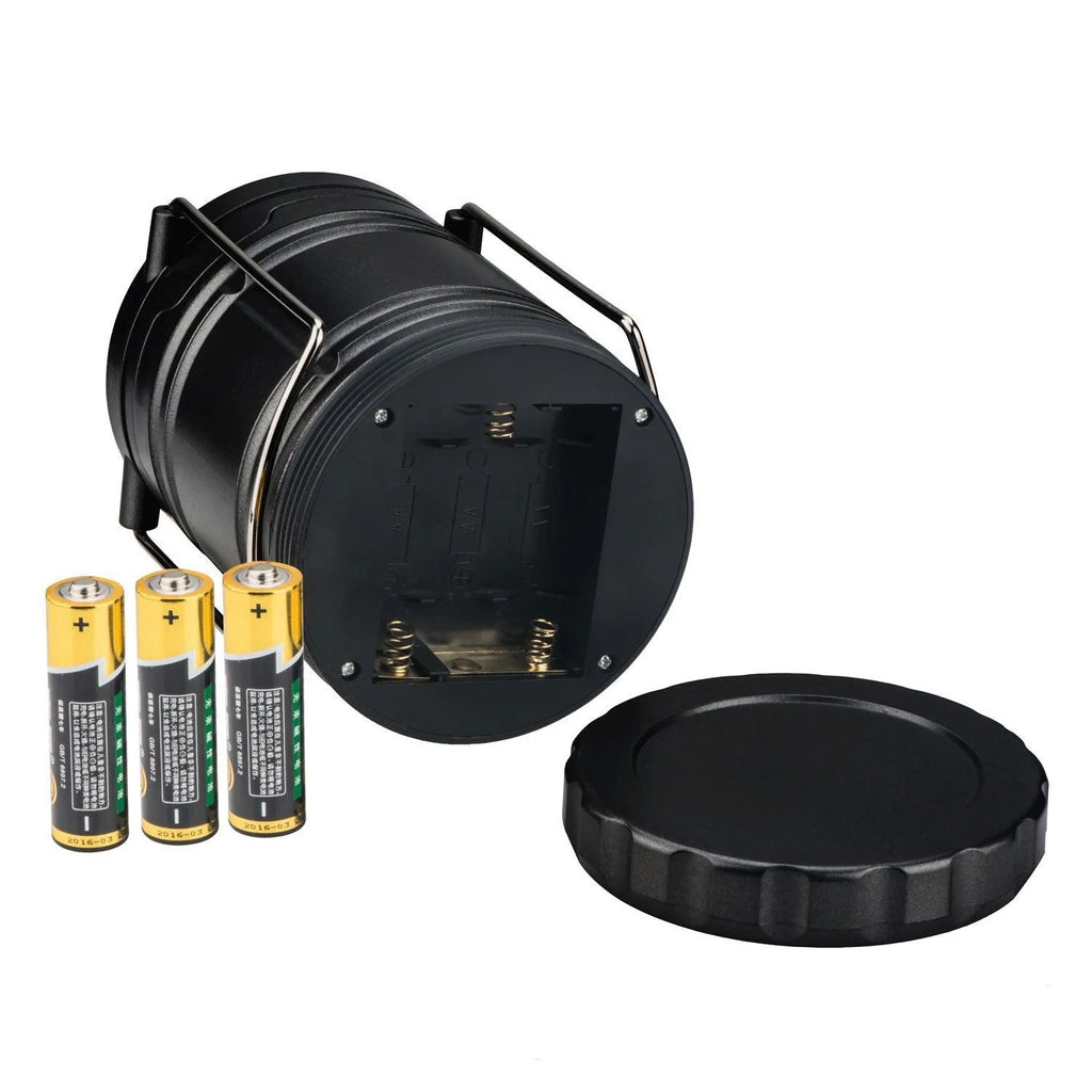COB camping lamp LED lantern with hook, telescopic body, battery powered, in gold, black or silvery grey