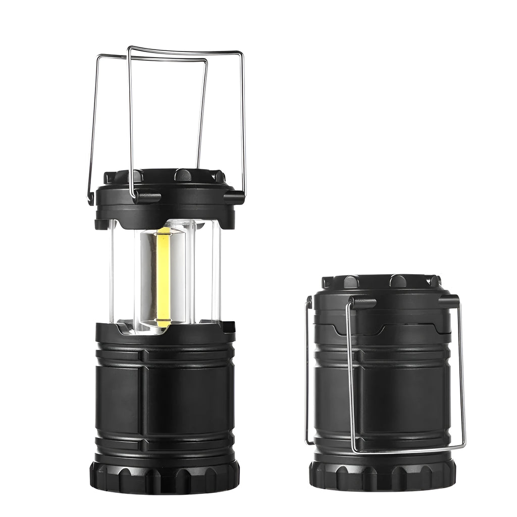 COB camping lamp LED lantern with hook, telescopic body, battery powered, in gold, black or silvery grey