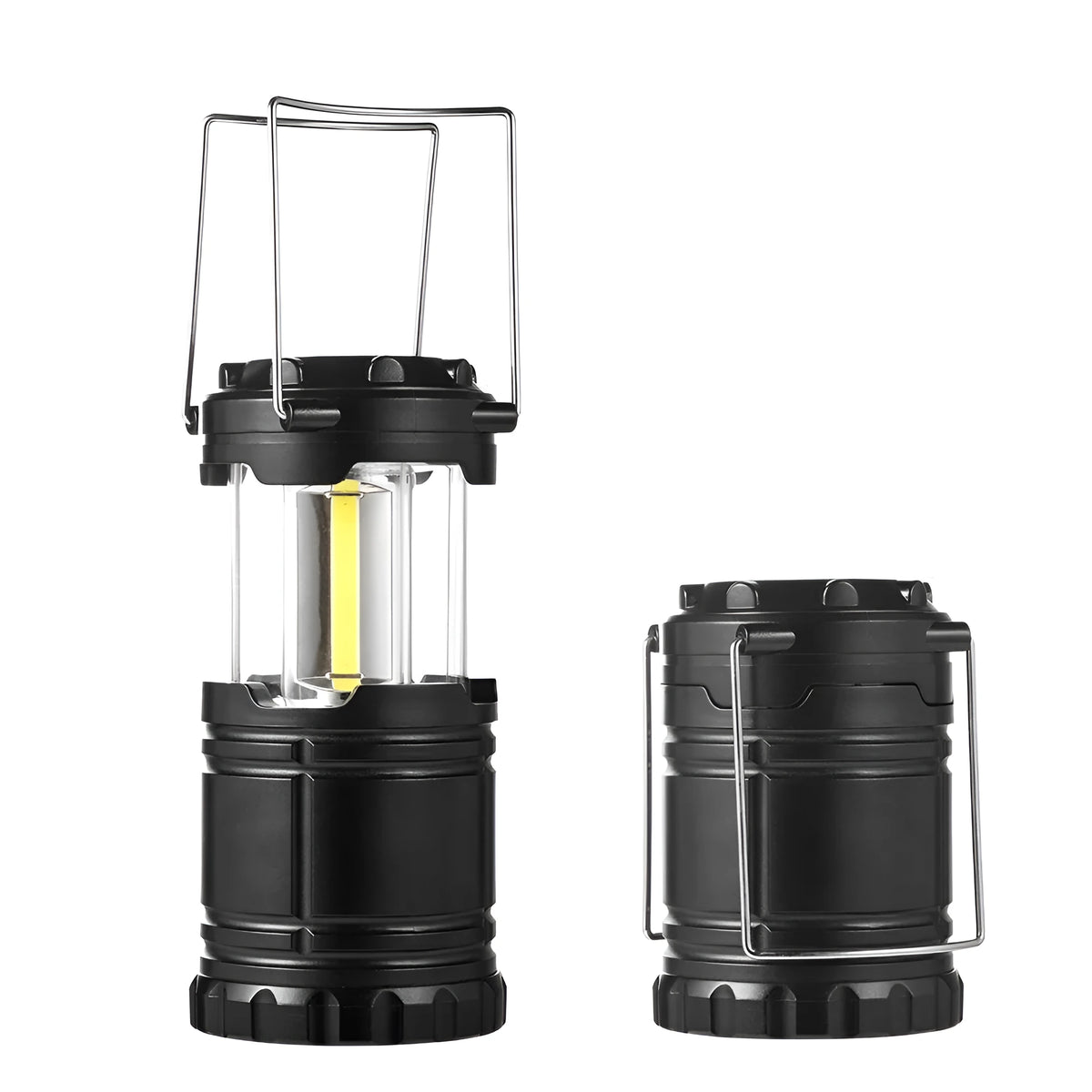 COB camping lamp LED lantern with hook, telescopic body, battery powered, in gold, black or silvery grey