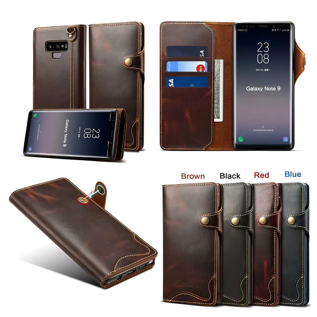 Handmade vintage leather clamshell phone case for Samsung Note9 with bracket and card slots