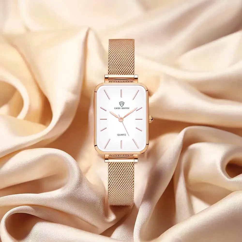 Women's rose gold or silver waterproof quartz watch with alloy case and woven steel strap