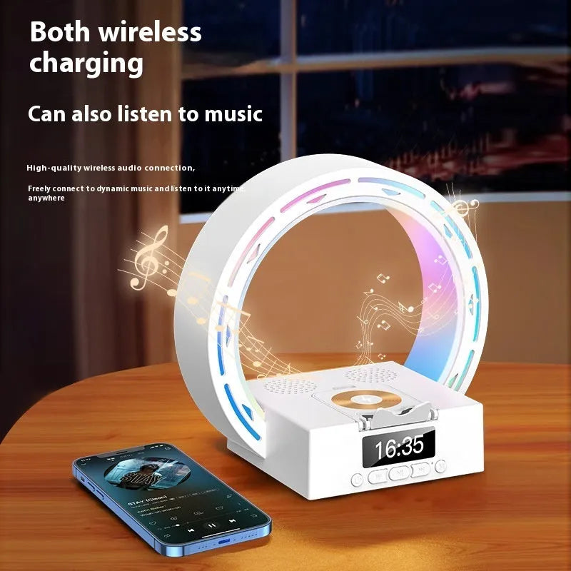 4-in-1 wireless Bluetooth speaker charging pad bedside lamp with alarm clock wake-up light in bedroom