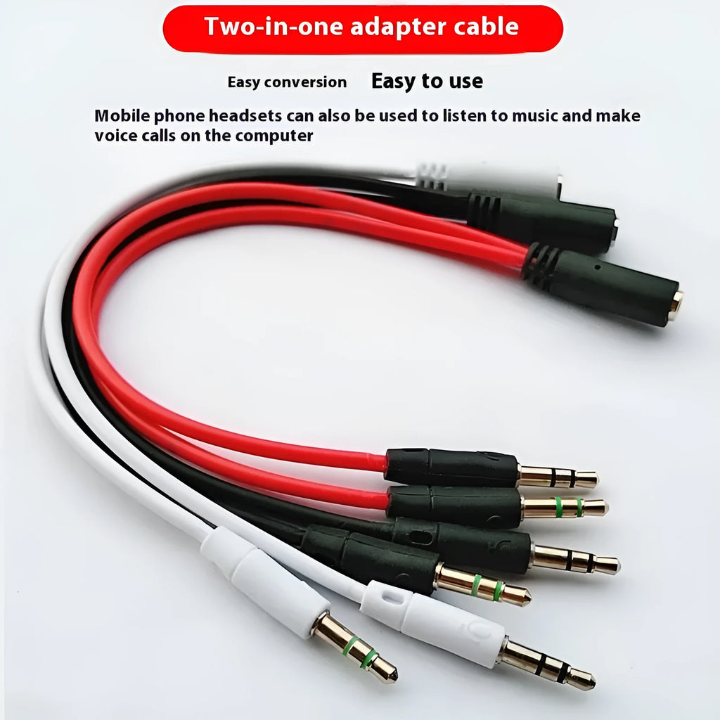 3.5mm audio splitter adapter cable in black with flat design, 21cm length, for desktop computer headset and speakers