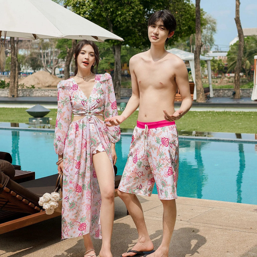 Couple retro printed long sleeve one-piece swimsuit in floral pattern, available for men and women, polyester fabric