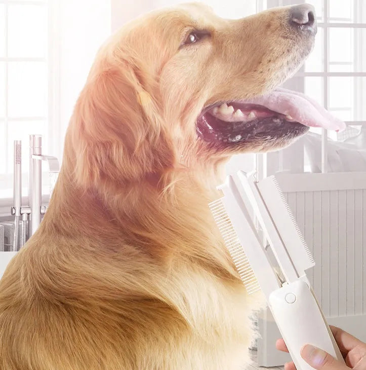 Pink and white plastic pet grooming brush for cats and dogs to remove floating hair