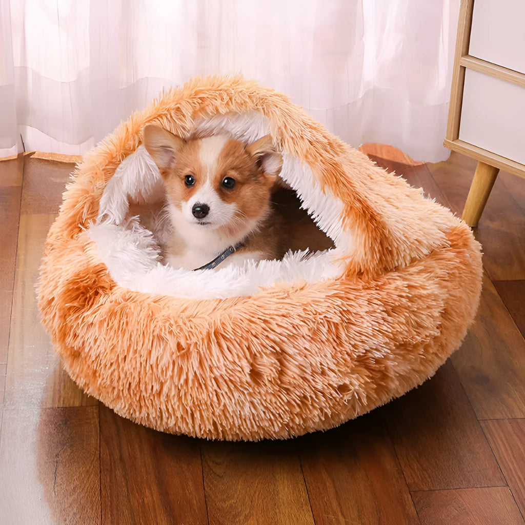 Waterproof cloth dog kennel in champagne colour showing semi-surrounded warm room design