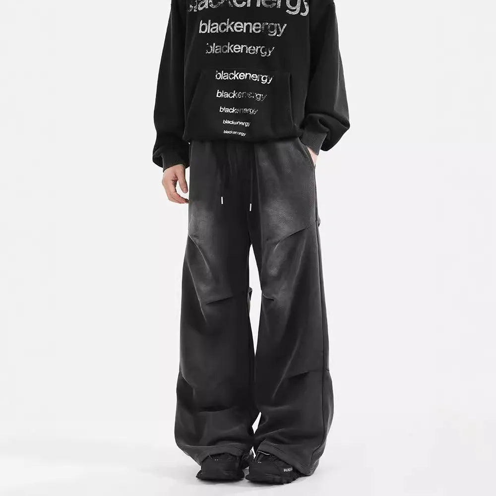 Men's cotton wide leg sweatpants with pleated front in black and gray, elastic waist casual trousers