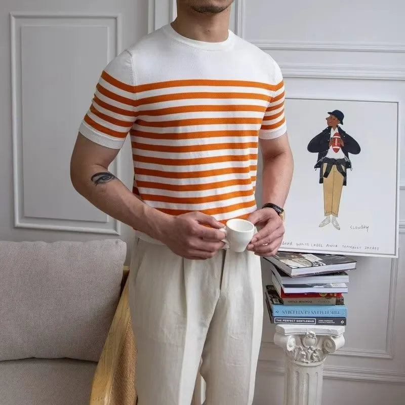 Men's striped short sleeve polyester T-shirt in blue, pullover style for summer casual wear