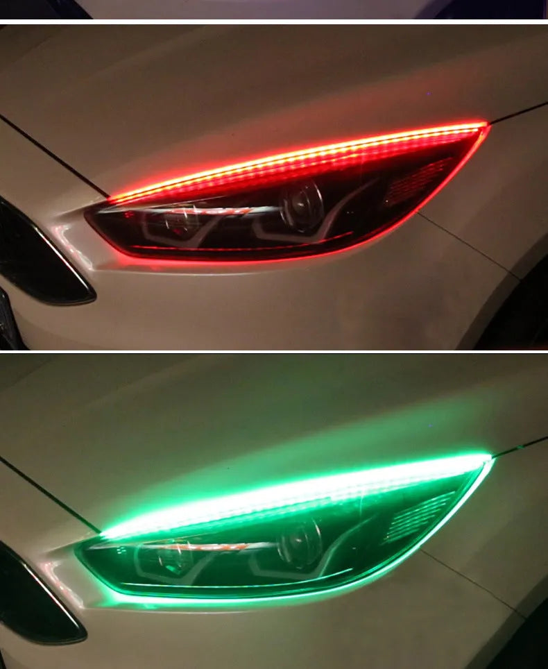 RGB colour-changing LED daytime running light strip with remote control in 30cm, 45cm, and 60cm sizes.