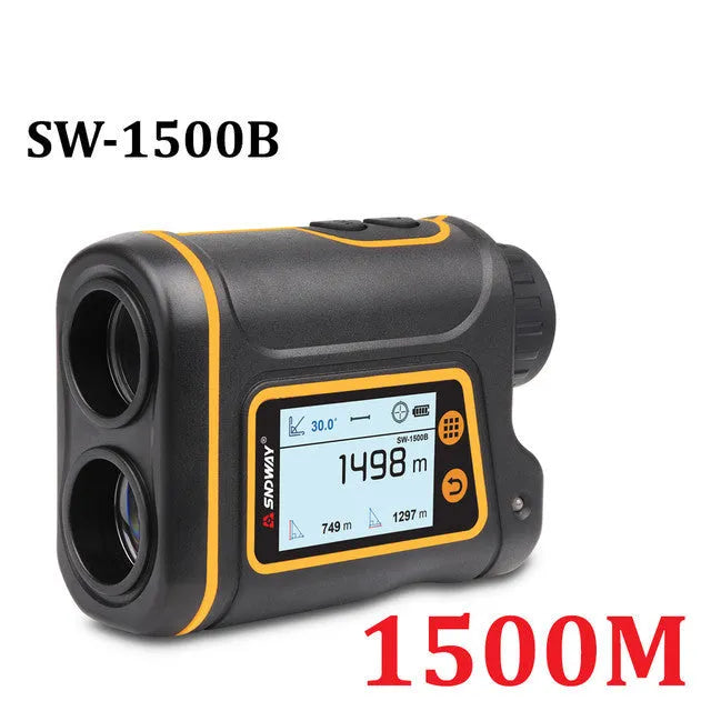 Handheld golf rangefinder distance measurer showing compact design with measurement display