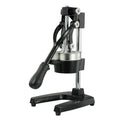 Black cast iron manual citrus juicer with stainless steel strainer, 40cm height