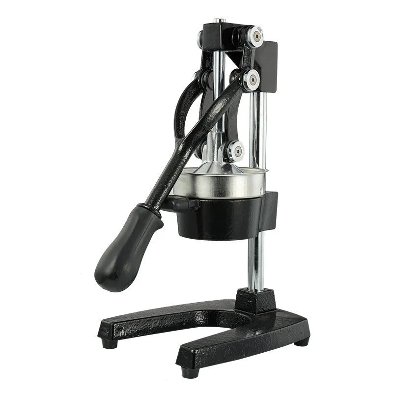 Black cast iron manual citrus juicer with stainless steel strainer, 40cm height
