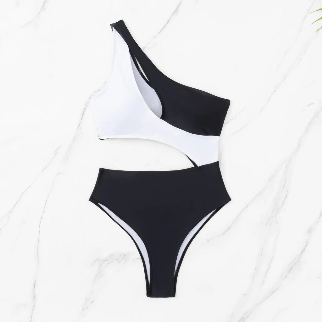 Black women's one-piece swimsuit with white stitching and hollow cut-out design