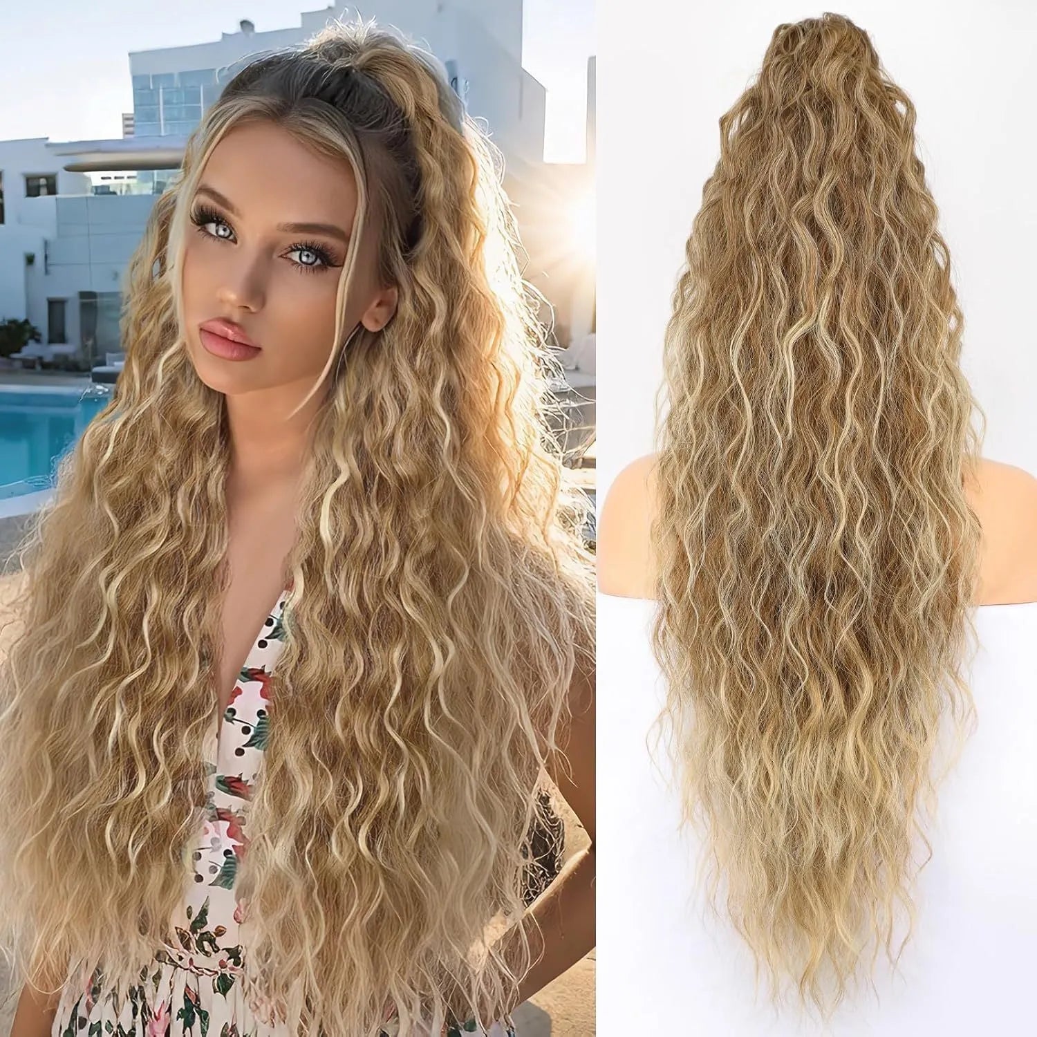 Long, fluffy curly synthetic ponytail wig in a high temperature fibre, shown in a 30-inch length.