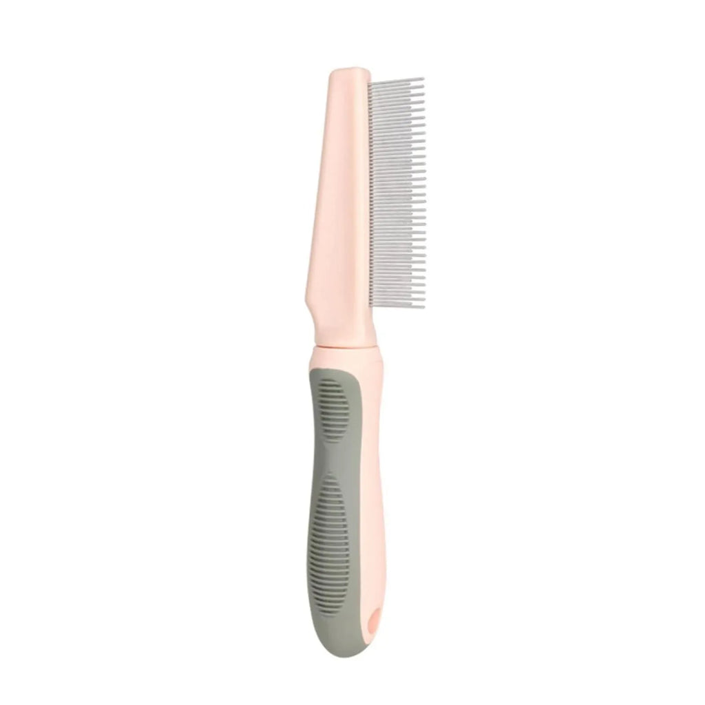 Pet grooming comb set showing three comb types with dense, high/low, and sparse needles on rubber handles