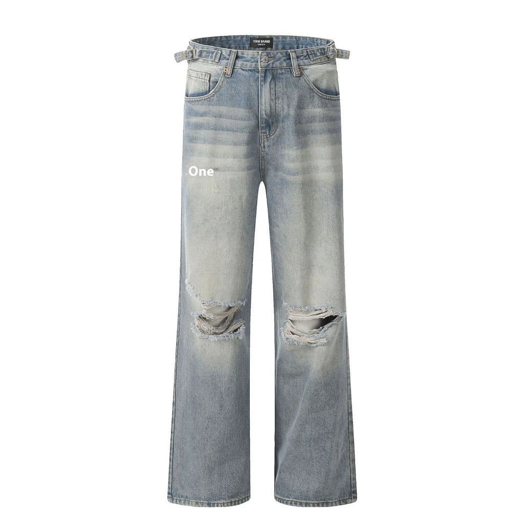 Blue retro straight-leg jeans with ripped details on a mannequin.