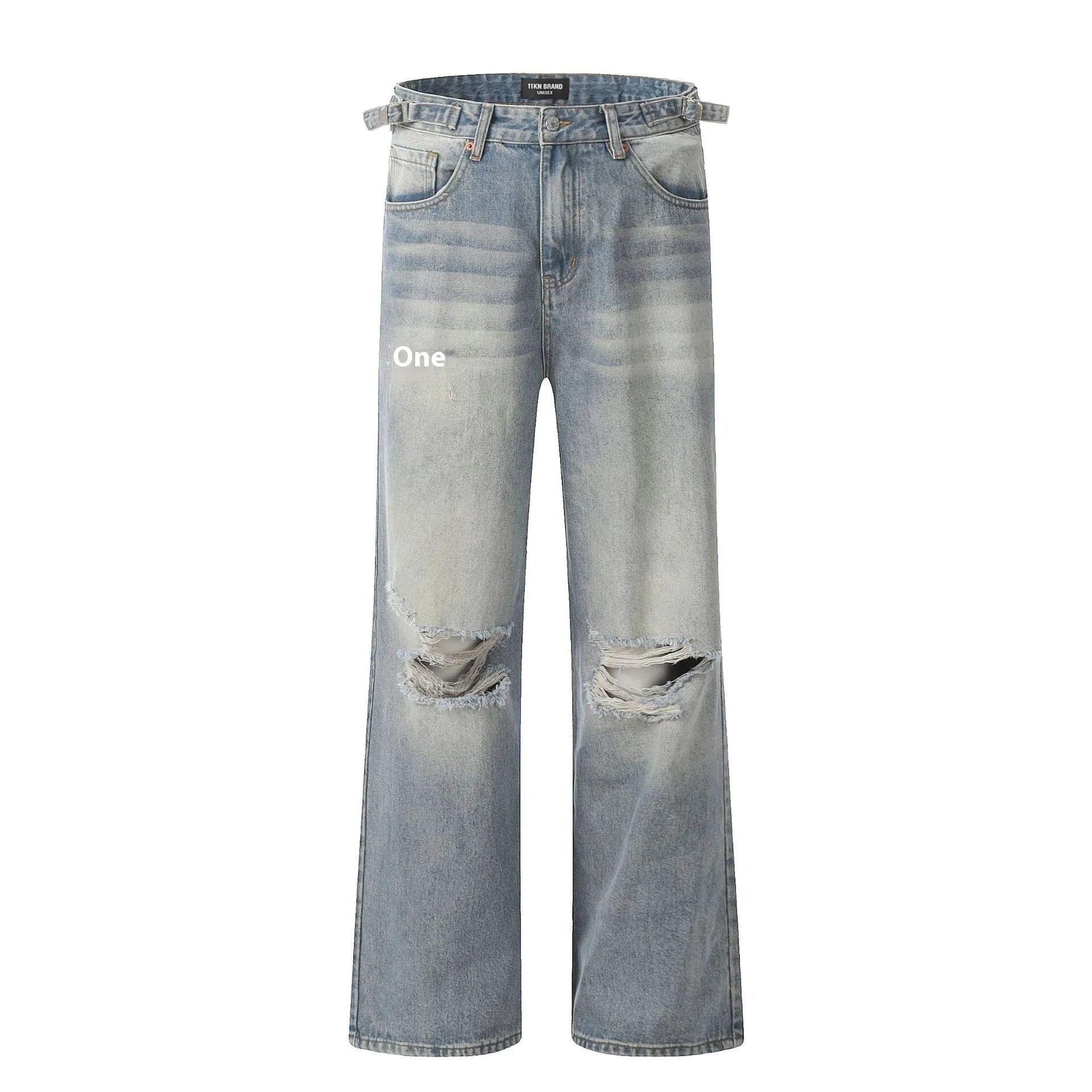 Blue retro straight-leg jeans with ripped details on a mannequin.