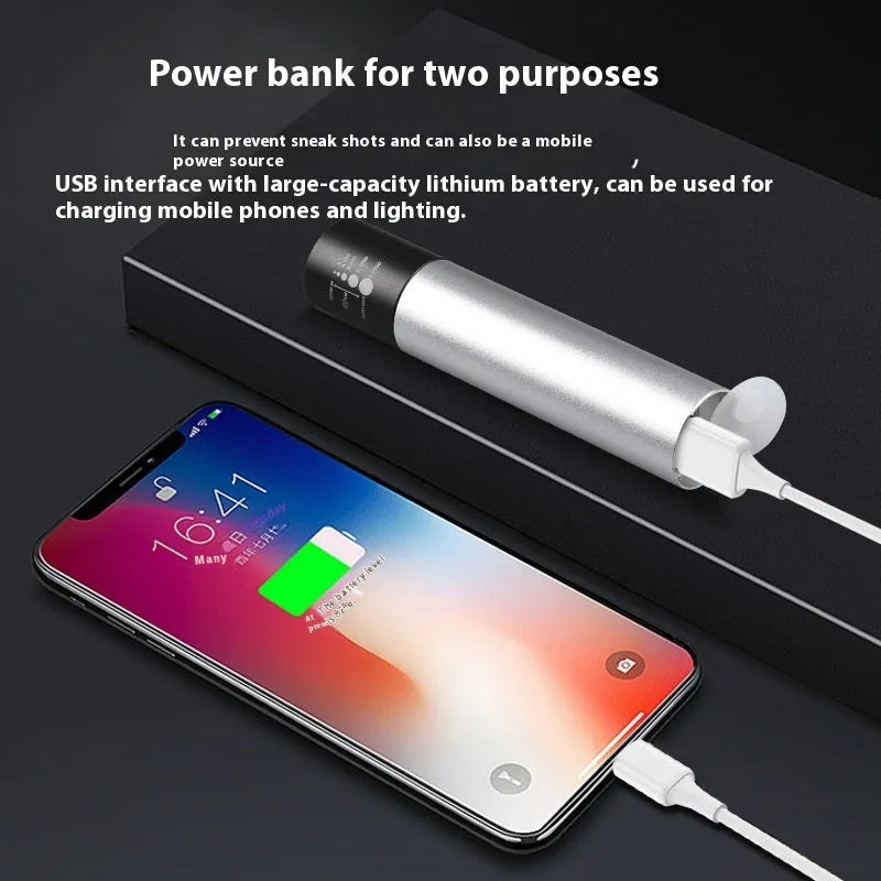 Red light therapy mosquito repellent lamp in black aluminium housing with USB charging cable
