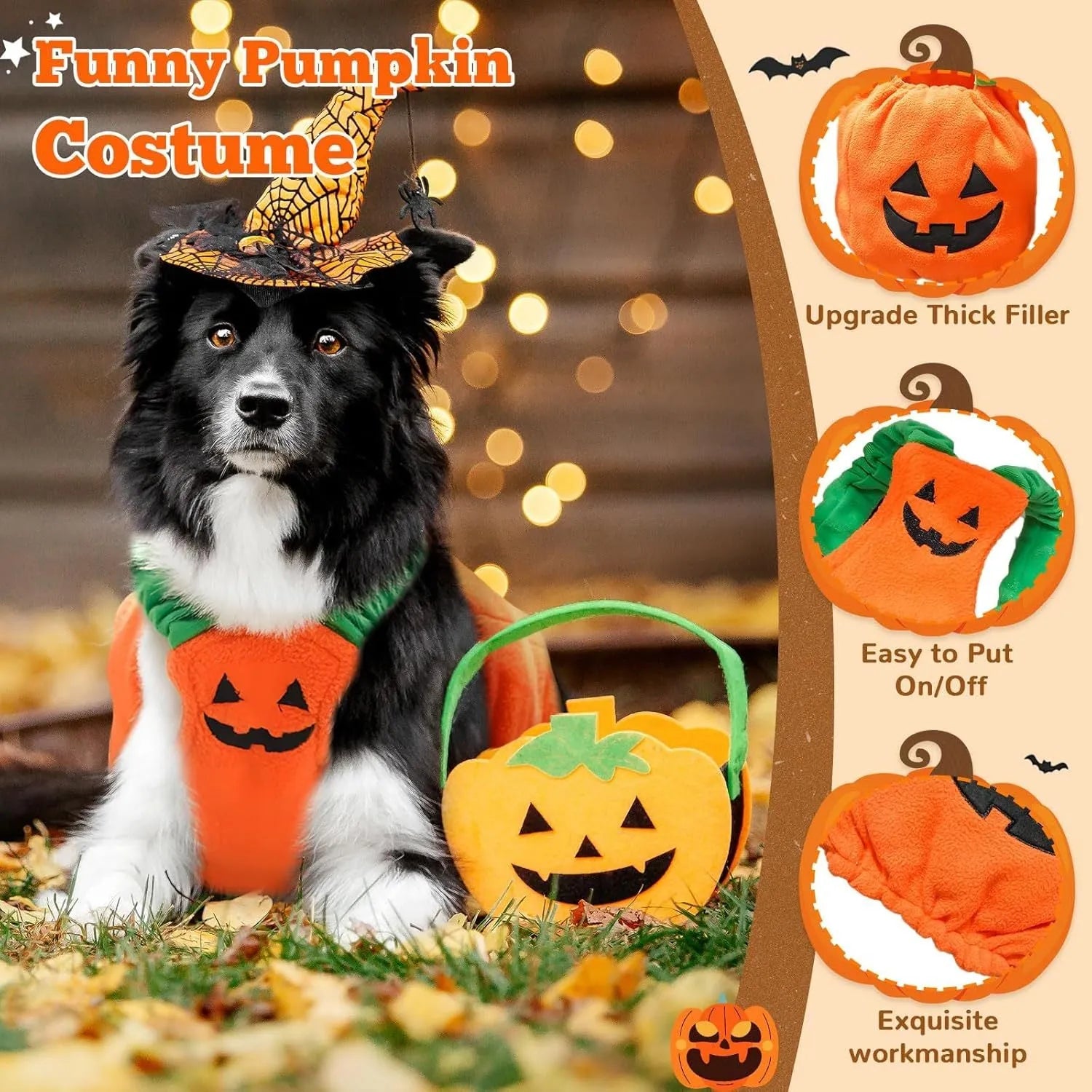 Orange plush pumpkin Halloween costume on small dog with stem decoration and pullover design